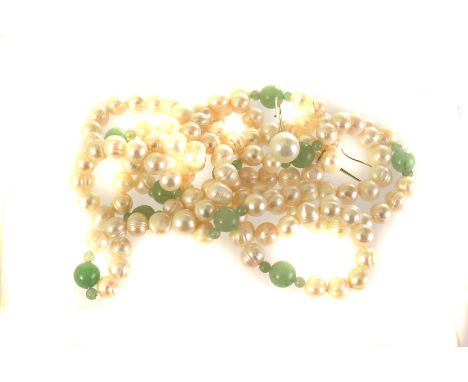 A freshwater pearl and jade bead necklace,  opera length, together with a pair of freshwater drop earrings (3)