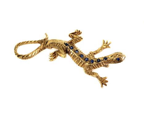 A cute 9ct gold and sapphire lizard brooch, modelled as a salamader or lizard and set with blue stones, approx 4g, in case (2