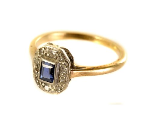 An Art Deco sapphire and chip diamond cluster ring, size I½ 2.2g 