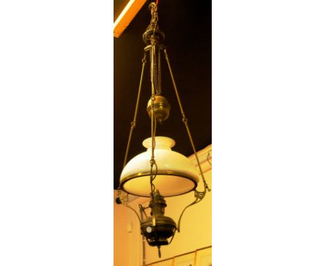 A brass and opaque glass hanging 1920s chandelier,  converted for electricity