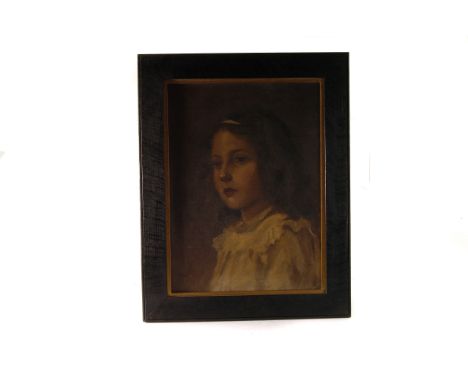 An early 20th century oil on canvas head and shoulders portrait of a young girl in a pinafore dress 41cm x 30.5cm, in parcel 