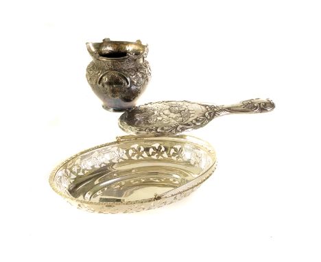 A collection of silver and silver plated items, including a Middle Eastern white metal bowl, a hob nail cut glass and silver 