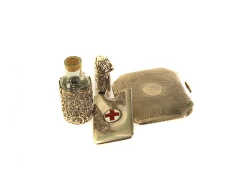 Four Victorian and later silver items, including a silver mounted scent bottle, a small silver scent, AF, a page flip holder 