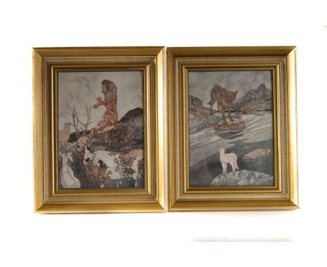 Four framed Charles Robinson illustrations, taken from the 1912 publication 'The Big Book of Fables', together with a print a