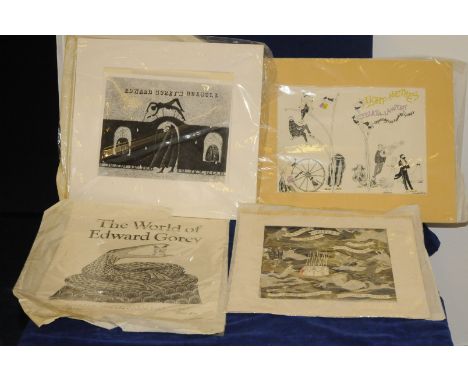 Four artworks by Edward Gorey, including a book dust cover design for Light Meters by Felicia Lamport, a poster from 1996 for