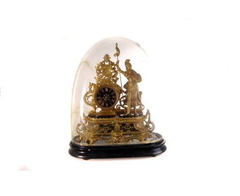 A late 19th century gilt metal mantle clock, the barrel movement flanked to one side by the maid of Orleans, on a marble plat
