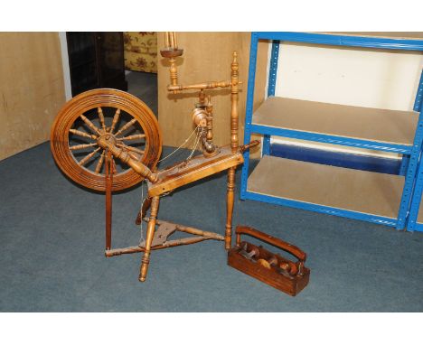 A turned elm spinning wheel,  with seprate bobbin tray (2)