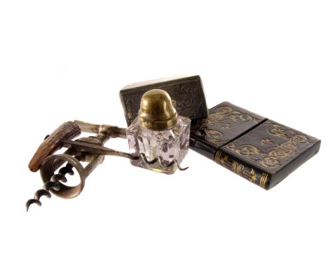 A fine collection of miscellany, to include a leather card and note case, a pewter snuff box, an ink well, and more (parcel)
