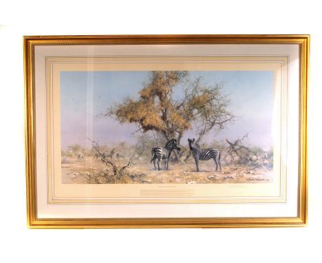 After David Shepherd (b.1931), print 'Zebras and Colony Weavers', signed in pencil lower right, and with blindstamp lower lef
