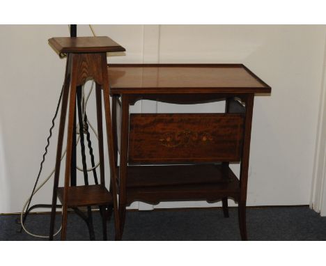 A marquetry occasional table, with inlaid designs to top and fold out shelves, with lower shelf stretcher on splayed legs, to