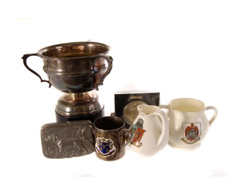 A small collection of Goss crested china, a pewter vesta and mirrored lid pill box, a pair of silver crested tygs, and other 