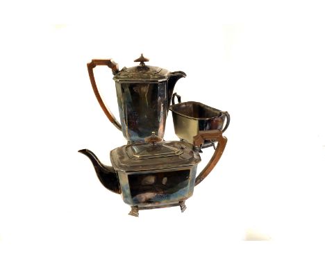 An Art Deco four piece electroplated tea and coffee service,  of canted oblong form, with harp shaped handles, together with 