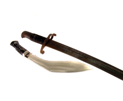 A WWII bayonet, having curved blade, and scabbard, AF, together with an incomplete kukri knife (2)