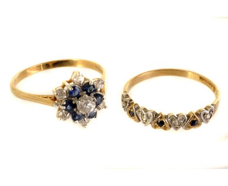 Two 9ct gold sapphire and diamond rings, one being a traditional cluster style, the other a half hoop eternity with heart set