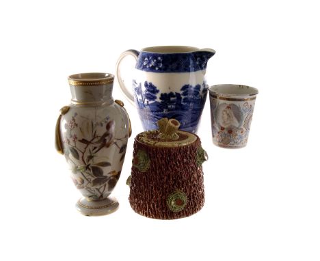 A small group of blue and white ceramics, studio pottery, latte glass, and a commemorative enamel beaker (parcel)