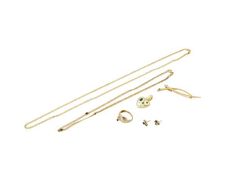 Schmuckkonvolut 6-teilig, GG 14K 35 g, Händlerkonvolut bestehend aus 1 Ring Weite 56, 1 Clip-Anhänger, 1 Brosche, 1 Paar Ohrs