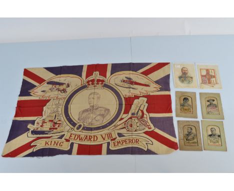 An Edward VIII Coronation flag, Titled King and Emperor Edward VIII. 82cm x 53cm. Together with four silk cards depicting Geo