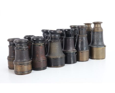 A Group of Field Glasses,  six pairs of field glasses, mainly of French origin, leather bound, with black enamel finish, one 