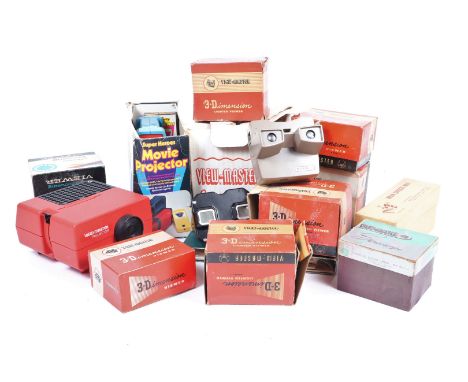 A Group of View Master Stereo Viewers, including a Model D, E (2), f (2), other models, a View Master Junior Projector, in wo