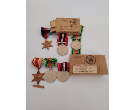 Two sets of WW2 medals, J. W. Eyre, Wolverhampton including 1939-45 Star, Africa Star, 1939-45 War Medal, Defence Medal, boxe