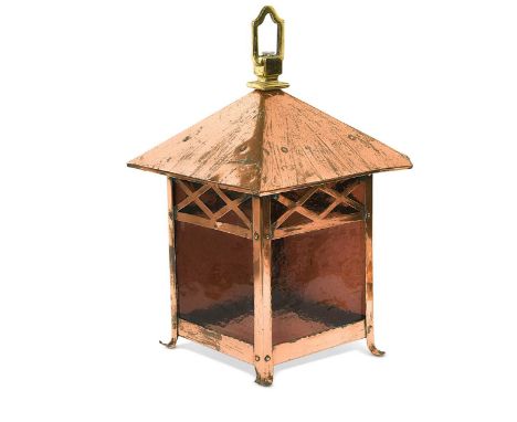 An Arts & Crafts copper hall lantern, with amethyst glass panels and brass suspension loop38 x 22 x 22cm