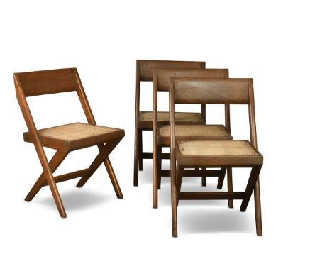 Pierre Jeanneret (1896-1967) for Chandigarh,  a set of four caned teak PJEC-010301 Library chairs known as 'Cane wood seat ba