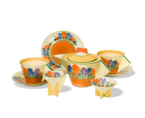 A Clarice Cliff 'Crocus' pattern conical tea-for-two set, all with hand-painted floral and banded decoration and comprising a