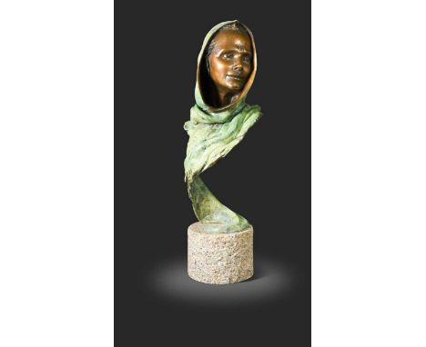 § Stephen Winterburn (1959-), Indian Girl, a brown patinated and verdigris bronze sculpture of a young woman in headscarf, mo