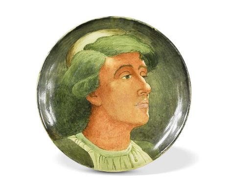 James Richard Cruikshank for Doulton Lambeth, a large faience stoneware charger, of typical form, hand-painted with a portrai