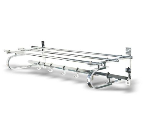 A mid century chrome plated Pullman style luggage rack,  of Art Deco/Modernist design, the luggage shelf above a rail with si