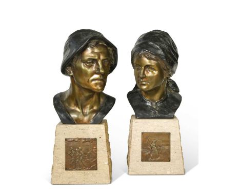 Attributed to Adolf Joseph (Adolf Josef) Pohl, (1872 -1930), a pair of bronze portrait busts, modelled as a miner and accompa