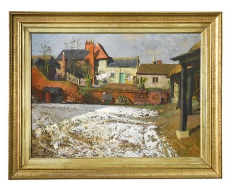 § John Aldridge RA (1905-1983)  A view of Place House from across Place Farm yard, Great Bardfield signed 'John Aldridge' (lo