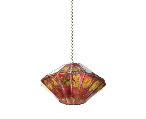 A glass pendant ceiling light, with gold mottled amethyst glass panels and brass frame28 x 48cmIn good general condition, all
