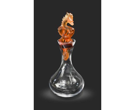 Tianlong Dragon, a modern Lalique decanter and stopper, the polished crystal glass decanter of bulbous onion form and surmoun