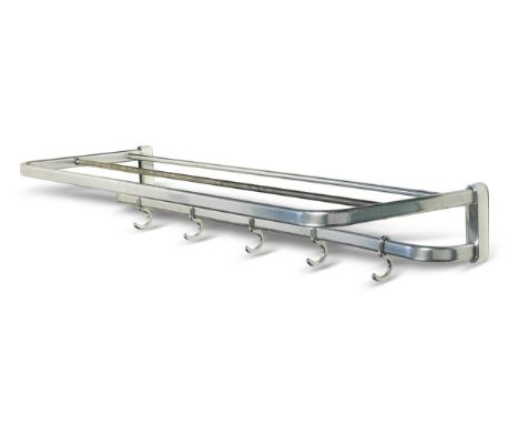 A mid-century polished alloy 'Pullman' style luggage rack, with luggage shelf with rail below incorporating moveable coat hoo