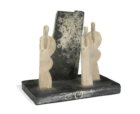 § John Maltby (1936-2020), 'Three Figures and a Tower (Lindisfarne)', 2001, a stoneware sculpture24 x 22cmIn good condition, 