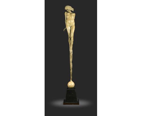 § Carl Payne (1969-2021), La Pucelle, an elongated and patinated bronze of a female nude standing atop a sphere, mounted to a