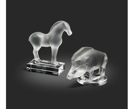 Sanglier, a modern Lalique frosted glass paperweight, modelled as a boar and raised on integral polished glass base, etched m