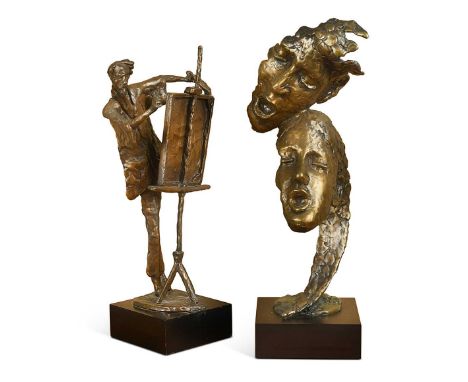 § Bernard Kim (1942-), Performers, a pair of stylised bronze masks of singers, mounted to an ebonised plinth base, signed and