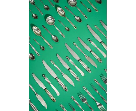 Johan Rohde for Georg Jensen, an extensive Danish metalwares Acorn pattern flatware service, comprising sixteen dinner forks,