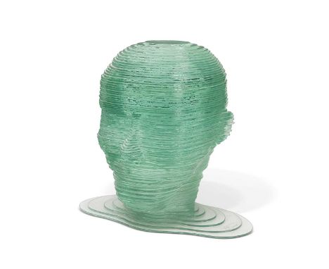§ Victor Van Vlijmen (Contemporary), Head Form, a green plate-glass Surrealist head, of layered, linear form, acid-etched sig
