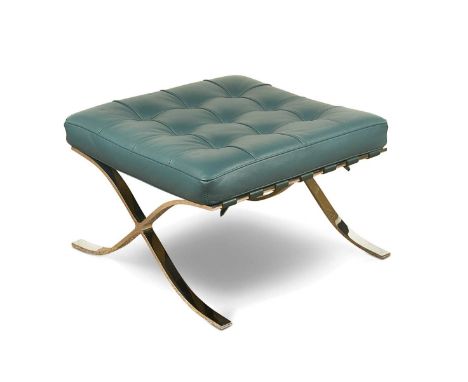 After Mies van der Rohe, a leather and chrome 'Barcelona' stool, with teal button leather cushion36 x 60 x 58