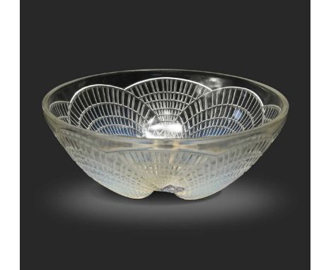 Coquilles, an R. Lalique opalescent and polished glass bowl, the exterior moulded in relief with four stylised shells, wheel 