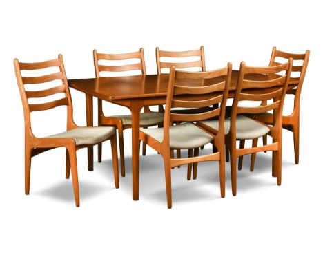 A McIntosh of Kirkcaldy T3 extending teak dining table, of rectangular form, 73.5 x 159 - 224 x 91cm; together with a set of 