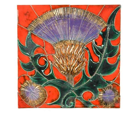 § Jean Powell of Craig Bragdy Design, Denbigh, Wales, a Thistle tile panel, decorated in colours, unsigned61 x 62cm