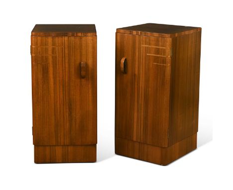 A pair of Art Deco walnut bedsides, each with single cupboard door with line inlays opening to reveal a single shelf within r