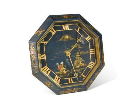 A Chinoiserie desk clock, early 20th century, of octagonal form, the borders decorated in gilt and red with cranes in flight,