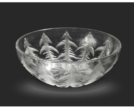 Pissenlit, an R. Lalique frosted and clear glass bowl, moulded with a repeat design of dandelion leaves, etched mark24cm diam