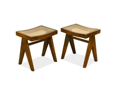 Pierre Jeanneret (1896-1967) for Chandigarh,  a pair of model 'PJ-Si-34-A' caned teak low stools, circa 1955, the slightly di
