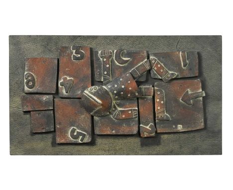 § John Maltby (1936-2020), Hopscotch, 2006, a stoneware relief on painted board, seal mark to front and signed, titled and da